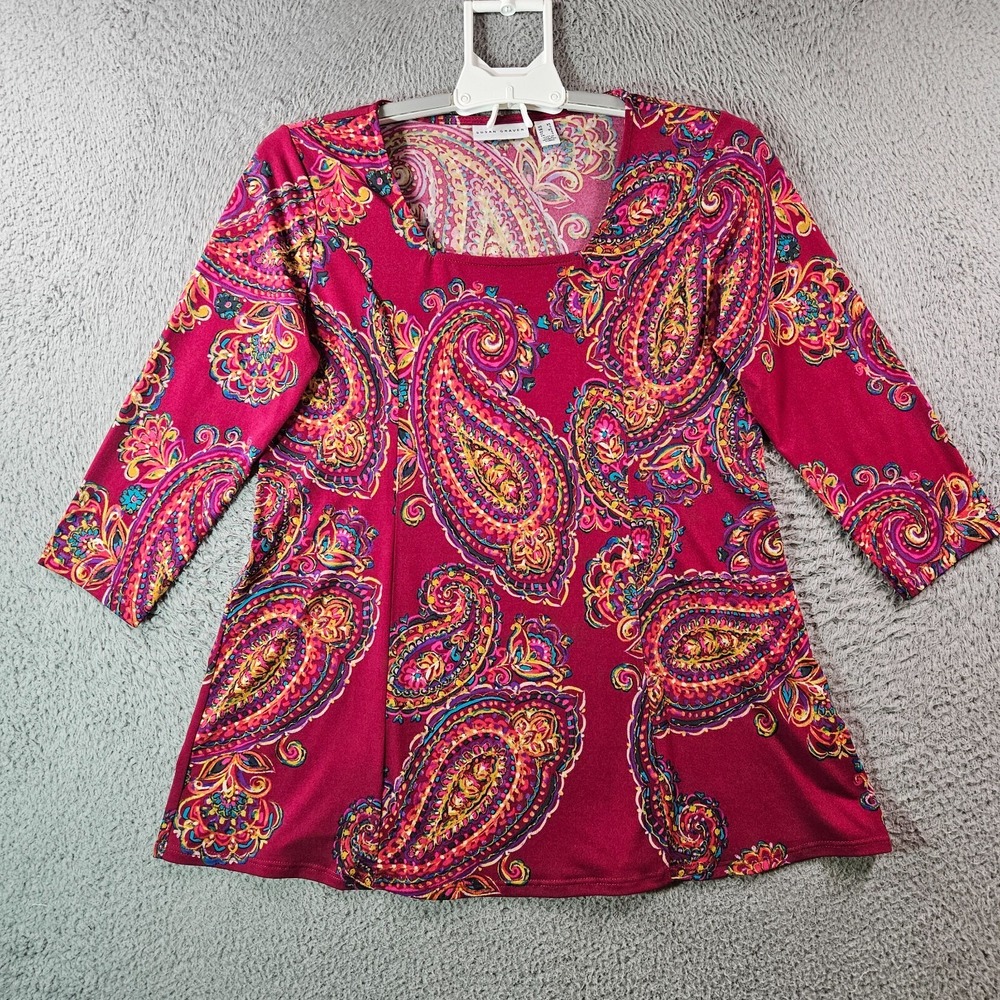Susan Graver Tunic Top Blouse‎ Women XS Colorful Paisley Print Cherry Purple